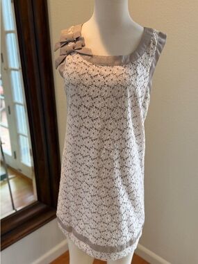 Darling Cream Lace Mini Dress with Taupe Trim